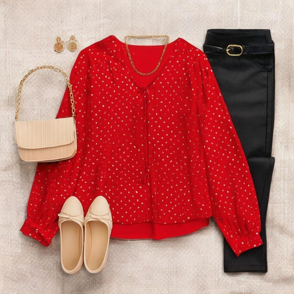 Faded Glory Red Silver Print Long Sleeve Blouse Top Shirt